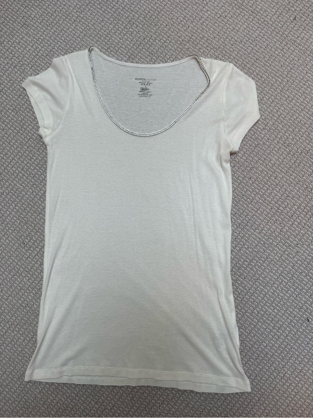 White Short Sleeve Scoop Neck Tee with Decorative Trim